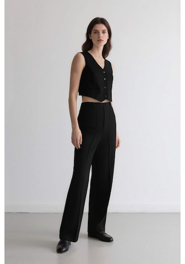 DeFacto Palazzo Çift Cepli Yüksek Bel Düz Paça Cepli Krep Kumaş Klasik Kumaş Pantolon D9541AX24AUBK81 Siyah