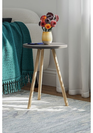 İntergo Yuvarlak Ahşap Ayaklı Tekli Zigon Yan Sehpa Antrasit Gri