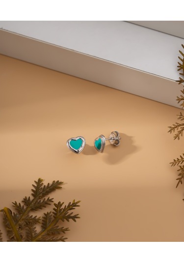 925 Ayar Turkuaz Mineli Rodyum Kalp Çivili Gümüş Küpe Re10219