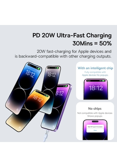 Baseus Cd Serisi Pd20w Usb-c / Type-c - 8 Pin Hızlı Şarj Veri Kablosu, Uzunluk: 1 M