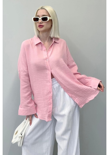 Madmext Pembe Muslin Kumaş Basic Kadın Gömlek Mg1660 Pembe