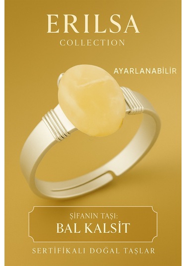 Sertifikalı Doğal Bal Kalsit Taşı Yüzük Ayarlanabilir Kalın Tımbıl Kasa Sarı