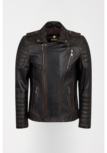 Derije Modric Hakiki Deri Erkek Vintage Eskitme Biker Motorcu Tarzı Mont