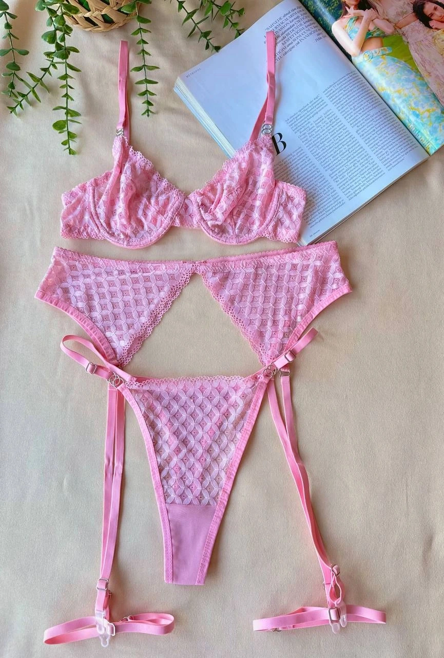 Arona Kadın 3 Parça Dantelli Jartiyer Takımı - Pudra Pudra