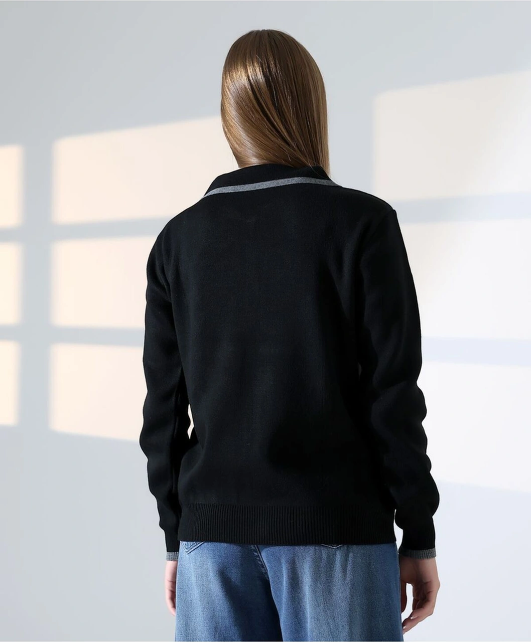 Baklava Desen Polo Yaka Kadın Kazak Siyah