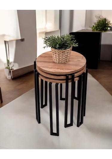 3 Lü Zigon Sehpa Metal Ayaklı Çam Ahşap Yuvarlak Misafir Sehpası