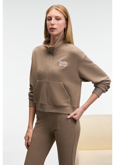 Grımelange Torına Kadın Nakış Detaylı Fermuarlı Çift Cepli Relax Vizon Ceket Vizon