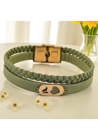 Archin Bozkurt Temalı Kalp Motifli 14 Ayar Altın Plakalı Zeytin Yeşili Derili Hediye Bileklik-556sembol Bozkurt