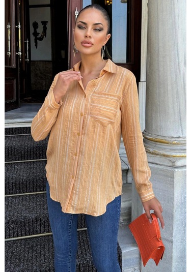 Kadın Karamel Çizgili Desenli, Uzun Kollu, Rahat Kesim, Dokulu Kumaş Gömlek Karamel