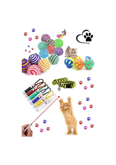 Pet Kedi Ip Sarma Topu , Kedi Oyun Lazeri , Çıngıraklı Top Ve Elastik Tasma Seti