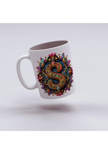 S Harfi Boho Bardak, Renkli Özel Tasarım Hediyelik Harfli Kupa, 330ml Porselen Beyaz