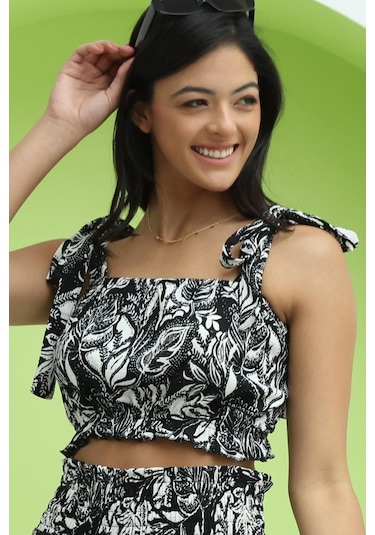Polo State Kadın Askılı Çiçek Desenli Crop Siyah