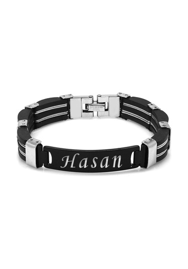 Kişiye Özel İsim Yazılı Silver-black Renk Çelik Erkek Bileklik Model-2 Siyah