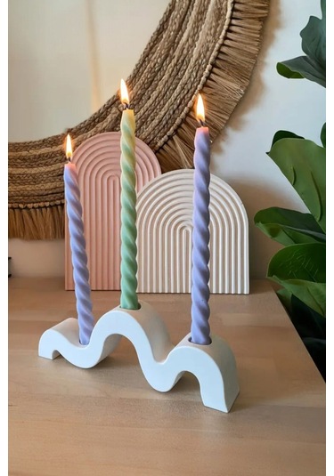 Modern Dalga Tasarımlı 3 Lü Beton Mumluk Şamdan - Dekoratif El Yapımı Masa Üstü Mumluk Beyaz