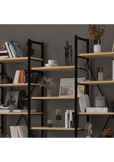 6 Raflı Metal Kitaplık Üç Modül-metalk03-safir Meşe