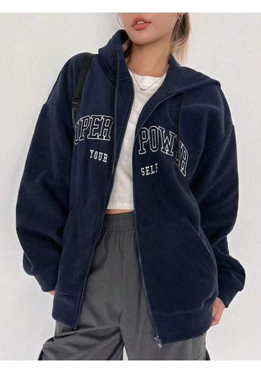 Süper Power Hırka - Lacivert Baskılı Oversize Kapüşonlu Lacivert