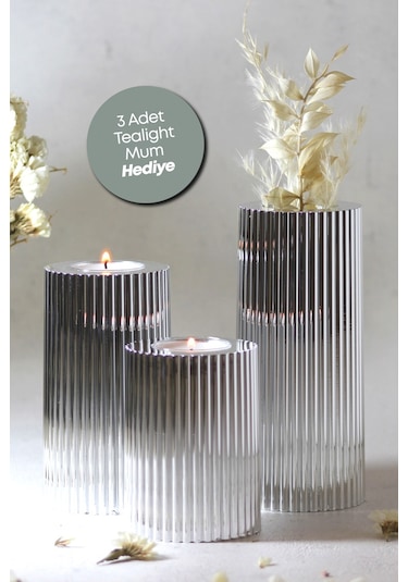 3 Lü Silver Gümüş Krom Tırtıklı Yüzey Mumluk Dekoratif Tealight