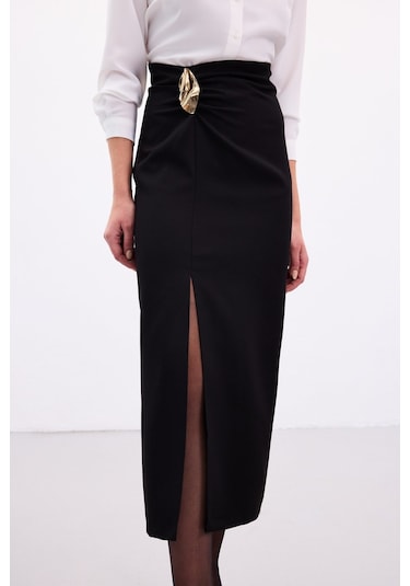 Sateen Gold Yan Aksesuarlı Etek - Siyah-136884 Siyah