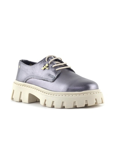 Rakerplus Platin Hakiki Deri Toka Detaylı Bağcıklı Kız Çocuk Günlük Ayakkabı Platin