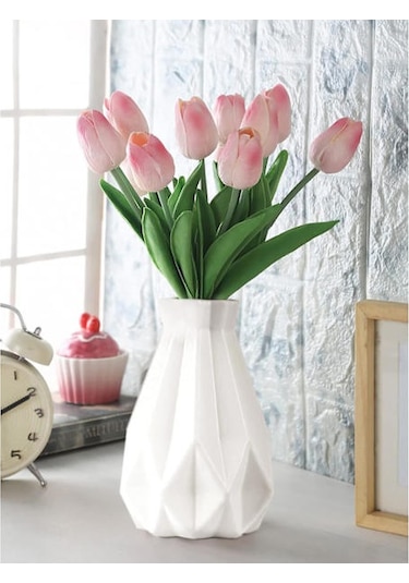 Çiçekler İçin Plastik Vazo Kırılmaz Beyaz Çiçek Vazosu Geometrik Vazo Seramik Görünümlü Ev Dekorasyonu İçin Plastik Vazo Beyaz