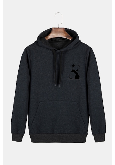Unisex Antrasit Kapüşonlu Panda Baskılı Slim Fit Kanguru Cepli Sweatshirt Antrasit