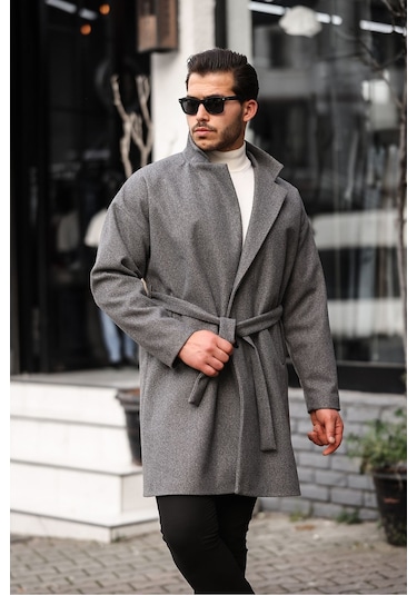 Mero Life Erkek Gri Kemerli Oversize Rahat Kesim Kaşe Kaban Gri