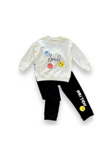 6-9-12-18 Ay Emoje Baskılı Pamuk Penye Kumaş Erkek Bebek Takımı Siyah Siyah