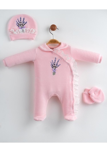 Kız Bebek Yeni Doğan Pembe Lavanta Nakışlı 3 Parça Hastane Çıkışı
