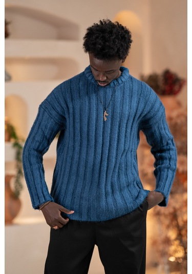 Oversize Kendinden Çizgili Pamuklu Kalın Triko Spor Kazak Indigo