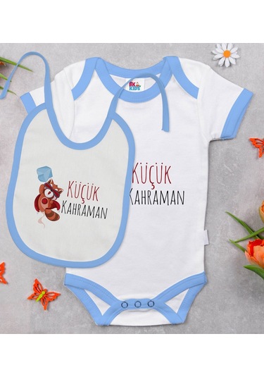 Bk Kids Küçük Kahraman Tasarımlı Mavi Bebek Body Zıbın Ve Mama Ön Çok Renkli
