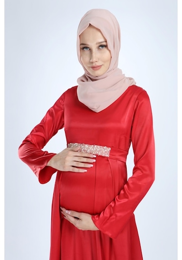 Moda Labio Modalabio Saten Tesettür Incili Kırmızı Hamile Elbise
