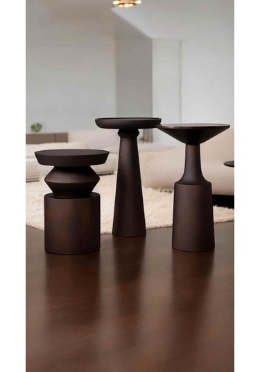 Doğal Masif Ahşap Mantar Sehpa 3 Lü Set Kızıl Kahve Renk