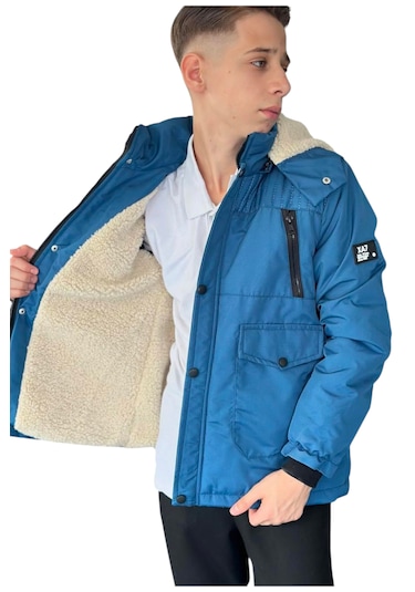 Erkek Çocuk Fermuar Torba Cepli Fermuar Çıtçıt Kapamalı Peluş Astarlı Kapüşonu Çıkabilen Mavi Mont Mavi