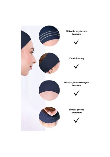Kaymayan Silikonlu Bandana Bone Lacivert - Kadın Tesettür Dikişsiz Kaymaz Geçme - Sportif Saç Bandı Lacivert
