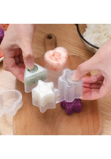 Kangvka Plastik Züccaciye Seti - Kaliteli Yemek Dereceli Malzeme İle 4 Farklı Şekil Kalp, Çiçek, Üçgen, Yıldız İle Pratik Sushi Ve Onigiri Yapımı Şeffaf - Beyaz