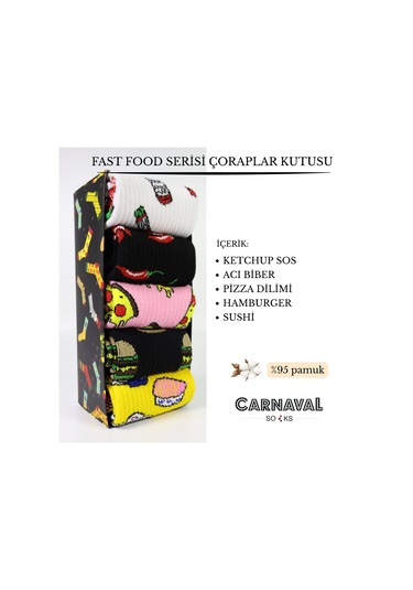 5'li Fast Food Desenli Fitilli Kutulu Çorap Seti Beyaz-sarı-siyah-pembe