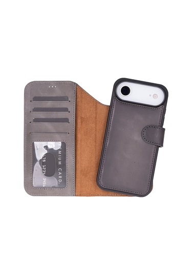 Bloomcase Magic Wallet Ash Mist Gray Hakiki Deri İphone Uyumlu 17 Air 6.5" Cüzdanlı Telefon Kılıfı Gri