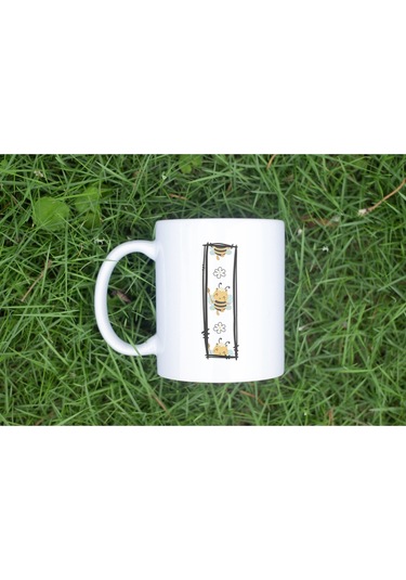 I Harfi Arı Desenli Kupa - Sevimli Hayvan Temalı Kişiye Özel Kahve Kupası - Şans Kupası Beyaz
