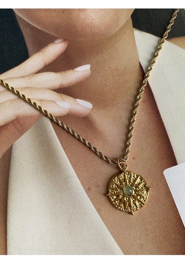 Su Yeşili Taşlı Kutup Yıldızı Gold Paslanmaz Çelik Kadın Kolye Altın