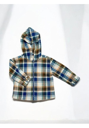 Erkek Bebek Kapüşonlu Ekose Desenli Fermuarlı Hırka-14870 Çok Renkli