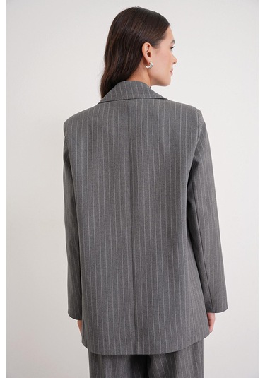 4753 Kadın Çizgili Oversize Blazer Ceket Gri Gri
