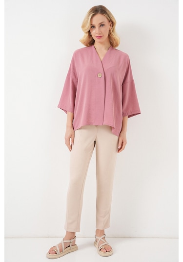 Bigdart Kadın Kısa Kol Oversize Kimono 5969 - Gülkurusu