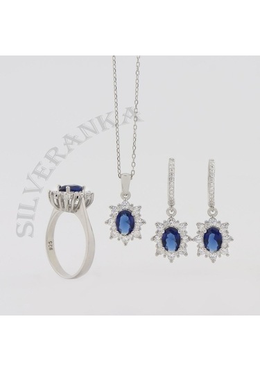 925 Ayar Gümüş Safir Oval Taşlı Anturaj Gümüş Set