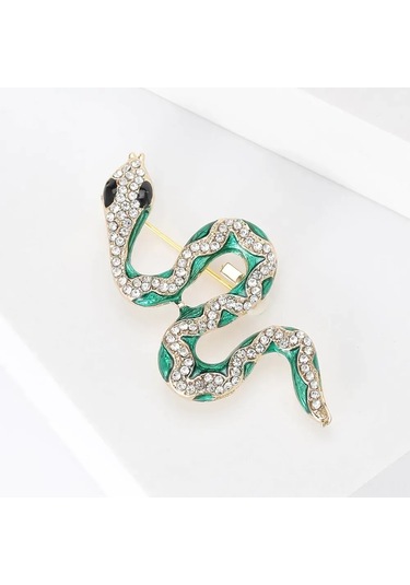 Mufunye Зеленый Змеиный Дизайн Брошь С Искусственным Горным Хрусталем - Повседневный Ювелирный Украшение Çok Renkli