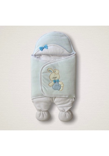 Yenidoğan Kadife Kumaş Ayıcık Nakışlı Şapkalı Kız Erkek Bebek Ayaklı Kundak Bebek Battaniyesi Mavi