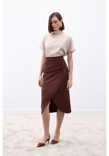 Sateen Düğme Detaylı Kalem Etek - Kahve-136775 Kahve