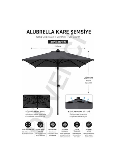 Alubrella Kare Antrasit Güneş Şemsiyesi, 210 Cm Çap / 8 Telli, Bidonsuz