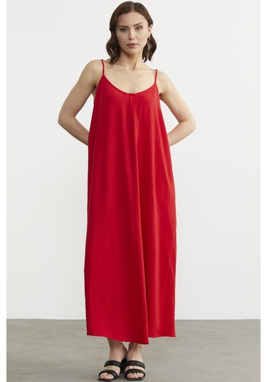 Ayarlanabilir Askılı Uzun Krep Elbise - Kırmızı 001