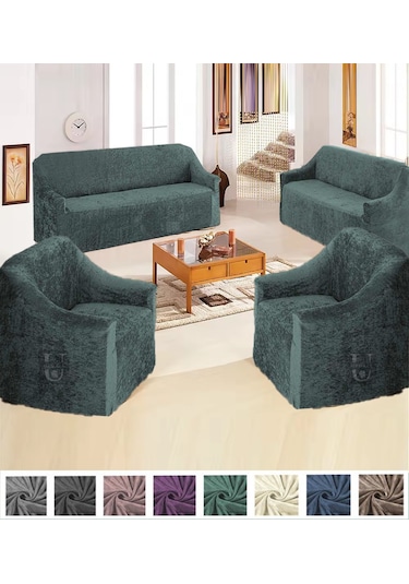 Upmall Kadife 3+3+1+1 Lastikli Kanepe Örtüsü Koltuk Örtüsü Yeşil