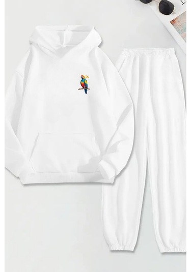 Beyaz Eşofman Takımı Renkli Papağan Baskılı, Kapüşonlu Sweatshirt Ve Jogger Pantolon Beyaz